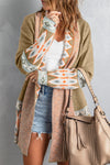 Khaki Aztec Print Open Front Knitted Cardigan-Tops-MomFashion