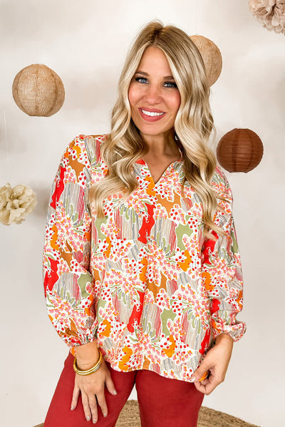 Orange Printed Floral Abstract Print Frilled V Neck Plus Size Blouse-Plus Size-MomFashion