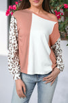 Apricot Colorblock Leopard Sleeve Patchwork Top-Tops-MomFashion