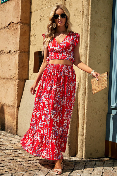 Fiery Red Multicolor Floral Ruffled Crop Top and Maxi Skirt Set-Dresses-MomFashion