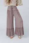 Khaki Frilled Drawstring High Waist Wide Leg Pants-Bottoms-MomFashion