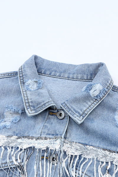 Sky Blue Sequin Embellished Fringe Distressed Denim Jacket-Outerwear-MomFashion