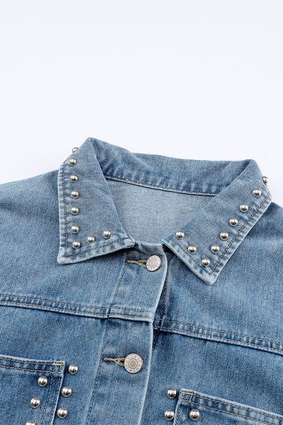 Sky Blue Rivet Studded Pocketed Denim Jacket-Outerwear-MomFashion