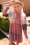 Pink Striped Leopard Patchwork Long Sleeve Mini Dress-Dresses-MomFashion