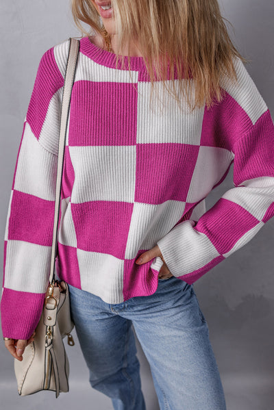 Bright Pink Checkered Round Neck Baggy Sweater-Tops-MomFashion