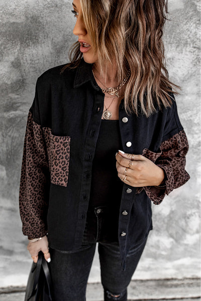 Black Contrast Leopard Denim Jacket-Outerwear-MomFashion