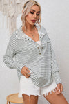 White Striped Thumbhole Drop Shoulder V Neck Top-Tops-MomFashion