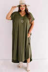 Green Plus Size V Neck Rolled Cuffs Maxi Dress-Plus Size-MomFashion