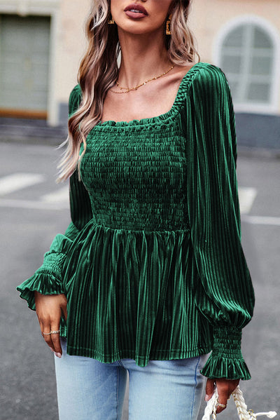 Blackish Green Smocked Ribbed Velvet Babydoll Top-Tops-MomFashion