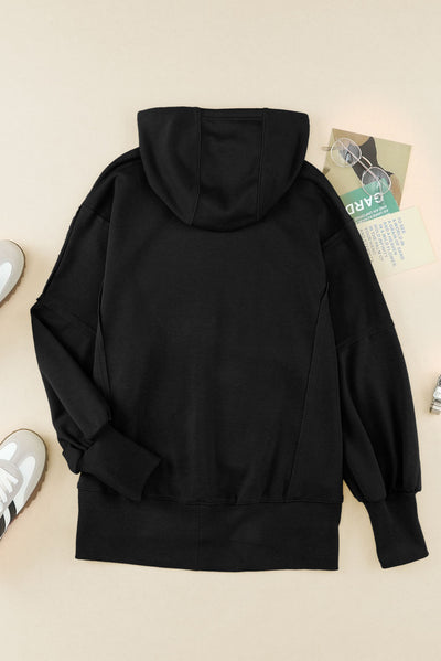 Black Raw Edge Exposed Seam Full Zip Hoodie-Tops-MomFashion