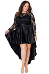 Black Plus Size Sheer Lace Splice High Low Satin Dress-Plus Size-MomFashion