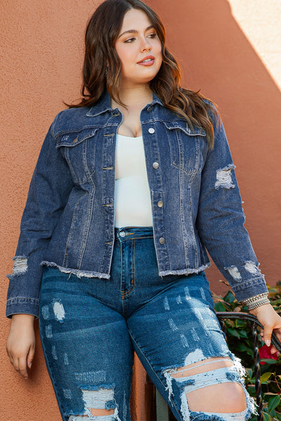 Dark Blue Plus Size Distressed Flap Pocket Denim Jacket-Plus Size-MomFashion