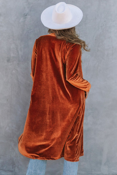 Brown Retro Velvet Long Sleeve Pocket Coat-Outerwear-MomFashion