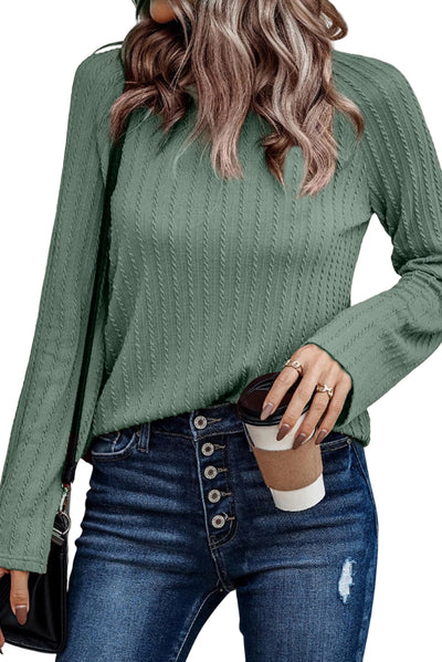 Green Ribbed Round Neck Knit Long Sleeve Top-Tops-MomFashion