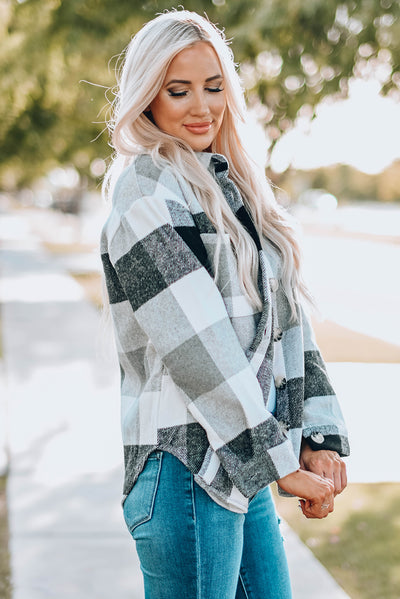 Gray Plaid Color Block Buttoned Long Sleeve Jacket with Pocket-Outerwear-MomFashion