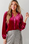 Pitaya Pink Buttoned V Neck Chest Pocket Velvet Shirt-Tops/Blouses & Shirts-MomFashion