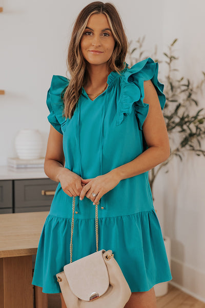 Green Tiered Ruffled Sleeves Mini Dress with Pockets-Dresses-MomFashion