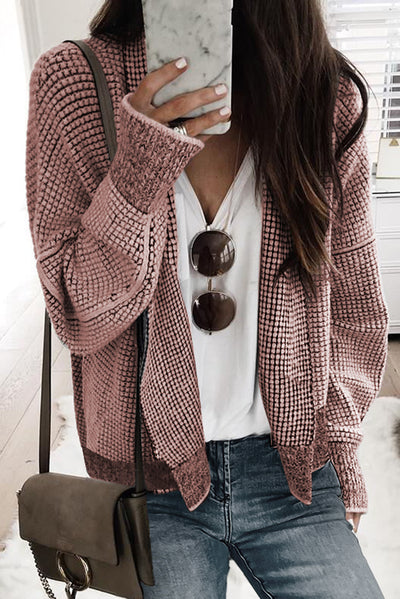 Peach Blossom Plaid Contrast Trim Open Front Cardigan-Tops-MomFashion