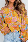 Ginger Floral Print Ruffle Puff Sleeve Blouse-Tops-MomFashion