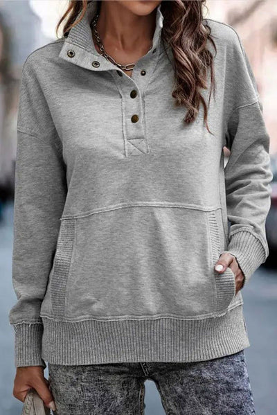 Gray Ribbed Hem Snap Button Neckline Sweatshirt with Pocket-Tops-MomFashion