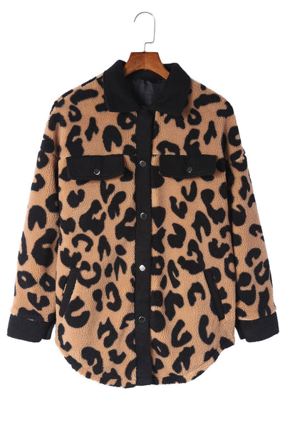 Black Contrast Trimmed Leopard Teddy Shacket-Outerwear-MomFashion