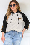 Black Striped Raglan Sleeve Buttoned Pocket Plus Size Hoodie-Plus Size-MomFashion