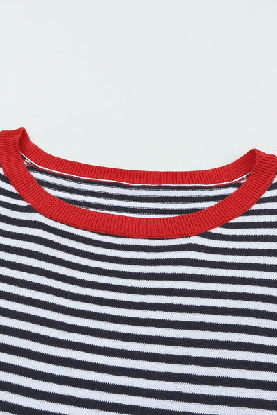 Contrast Trimmed Striped Drop Shoulder Sweater-Tops-MomFashion