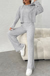 Gray Ribbed Knit Slouchy Hoodie Wide Leg Pants Set-Loungewear-MomFashion