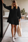 Black Solid Color Puff Sleeve Ruffle Hem Mini Dress-Dresses-MomFashion