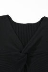 Black Twisted V Neck Ribbed Knit Sweater Dress-Dresses-MomFashion