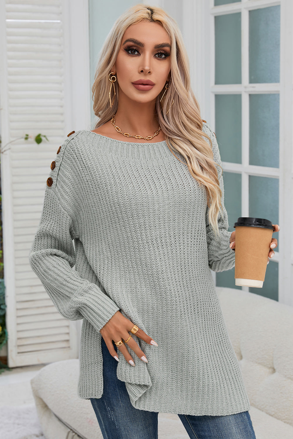 Gray Buttoned Drop Shoulder Oversized Sweater-Tops-MomFashion