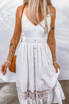 White Lace Splice Button Decor Spaghetti Strap Maxi Dress-Dresses-MomFashion