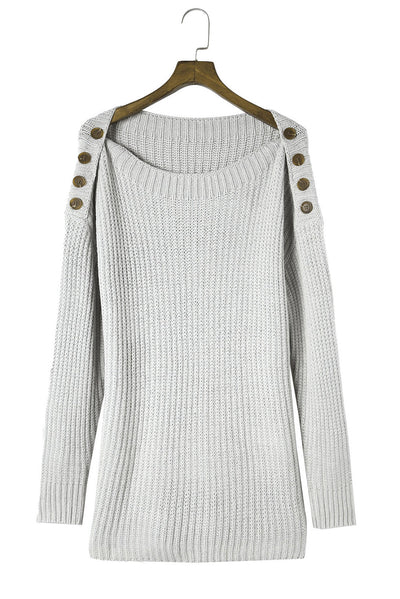 Gray Buttoned Drop Shoulder Oversized Sweater-Tops-MomFashion