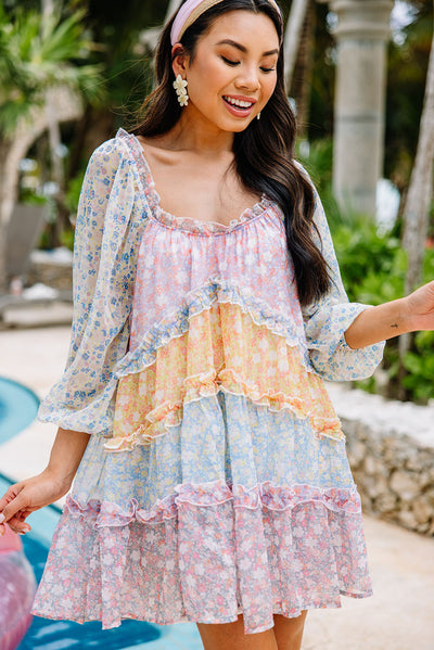 Sky Blue Floral Colorblock Tiered Puff Sleeve Dress-Dresses-MomFashion