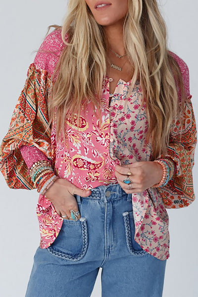 Pink Mixed Floral Printed Puff Sleeve V-Neck Shirt-Tops-MomFashion