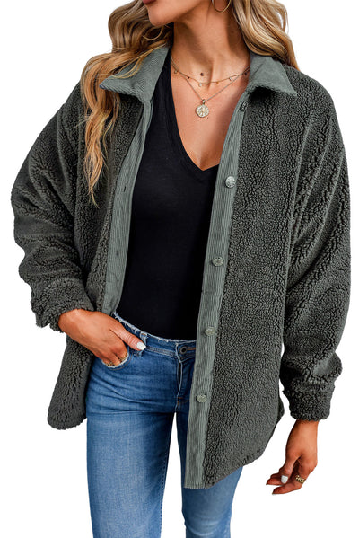 Gray Corduroy Trim Elbow Patch Sherpa Jacket-Outerwear-MomFashion