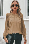 Light French Beige Contrast Lace Raglan Sleeve Plicate Round Neck Top-Tops-MomFashion