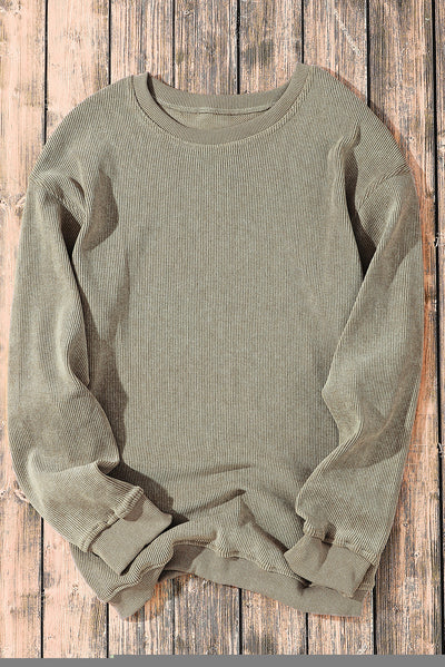 Green Solid Ribbed Knit Round Neck Pullover Sweatshirt-Tops-MomFashion