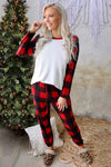 Red Plaid Raglan Sleeves Top and Drawstring Pants Lounge Set-Loungewear-MomFashion