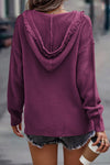 V Neck Ribbed Drop Shoulder Hooded Sweater-Tops-MomFashion