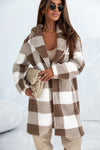 Brown Plaid Lapel Collar Long Open Front Coat-Outerwear-MomFashion