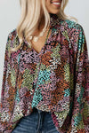 Multicolor Vibrant Floral Tie V Neck Puff Sleeve Blouse-Tops-MomFashion