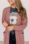 Mineral Red Solid Color Waffle Knit Cardigan with Pocket-Sweaters & Cardigans/Cardigans-MomFashion