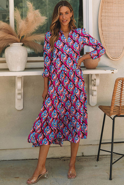 Abstract Geometric Print Long Sleeve High Waist Dress-Dresses-MomFashion