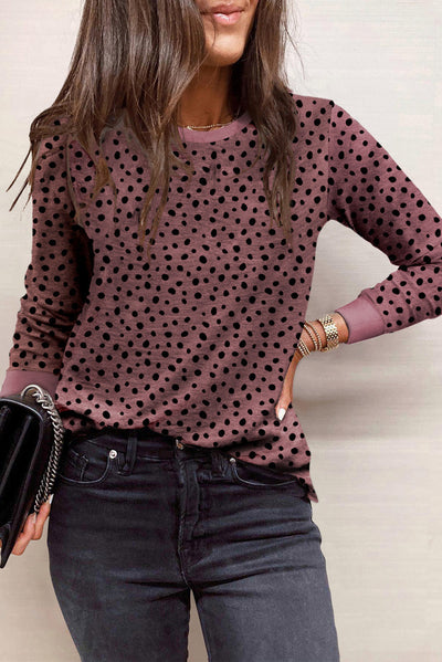 Animal Spotted Print Round Neck Long Sleeve Top-Tops-MomFashion