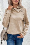 Apricot Asymmetric Buttons Detail High Neck Textured Sweatshirt-Tops-MomFashion