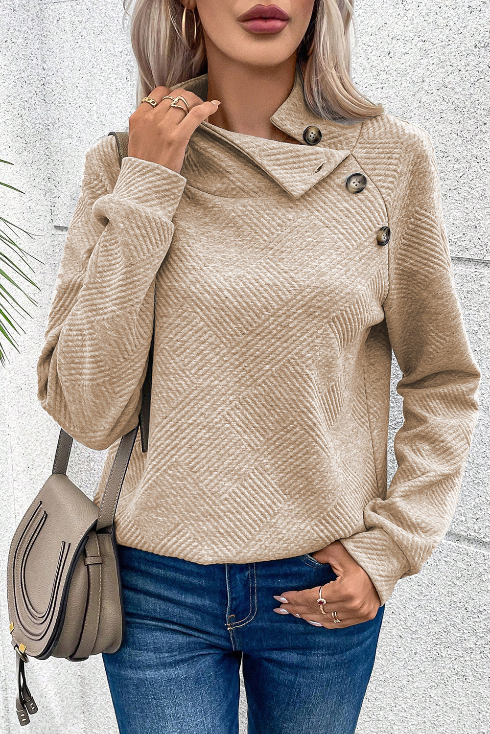 Apricot Asymmetric Buttons Detail High Neck Textured Sweatshirt-Tops-MomFashion