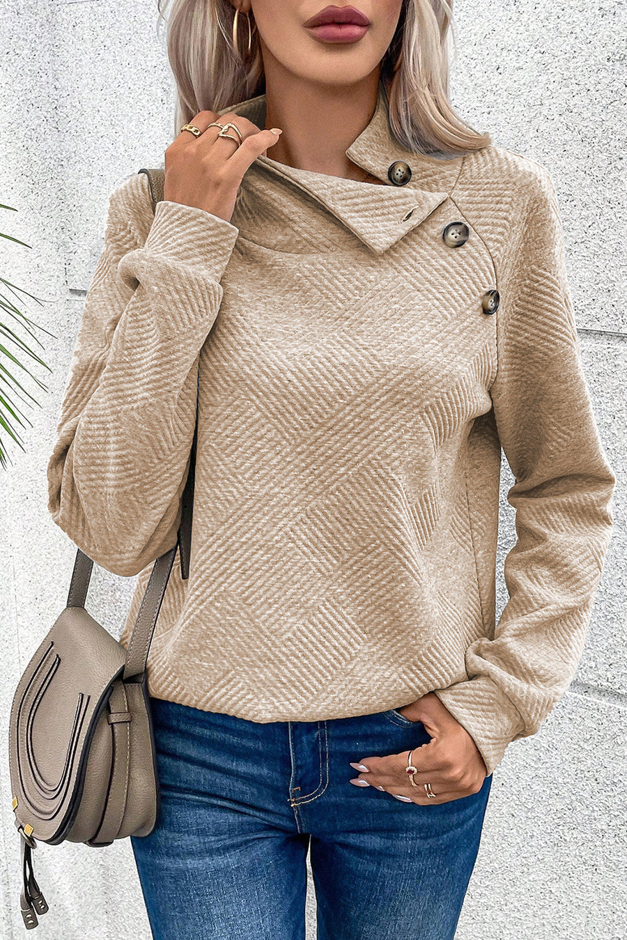 Apricot Asymmetric Buttons Detail High Neck Textured Sweatshirt-Tops-MomFashion