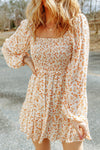 Apricot Boho Floral Smocked Puff Sleeve Mini Dress-Dresses-MomFashion