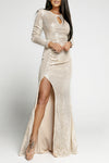 Apricot Cut Out Thigh High Split Sequin Maxi Dress-Dresses-MomFashion